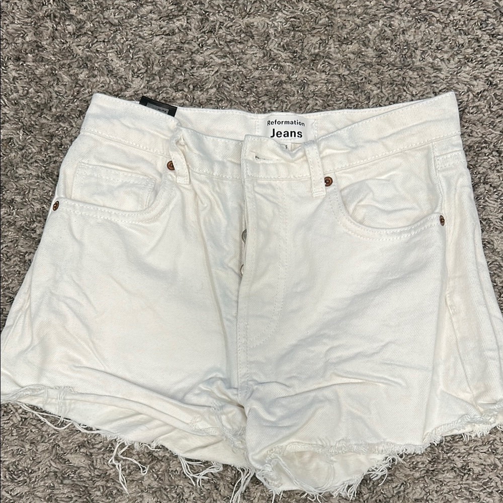 Reformation White Jean Shorts with Frayed Hem